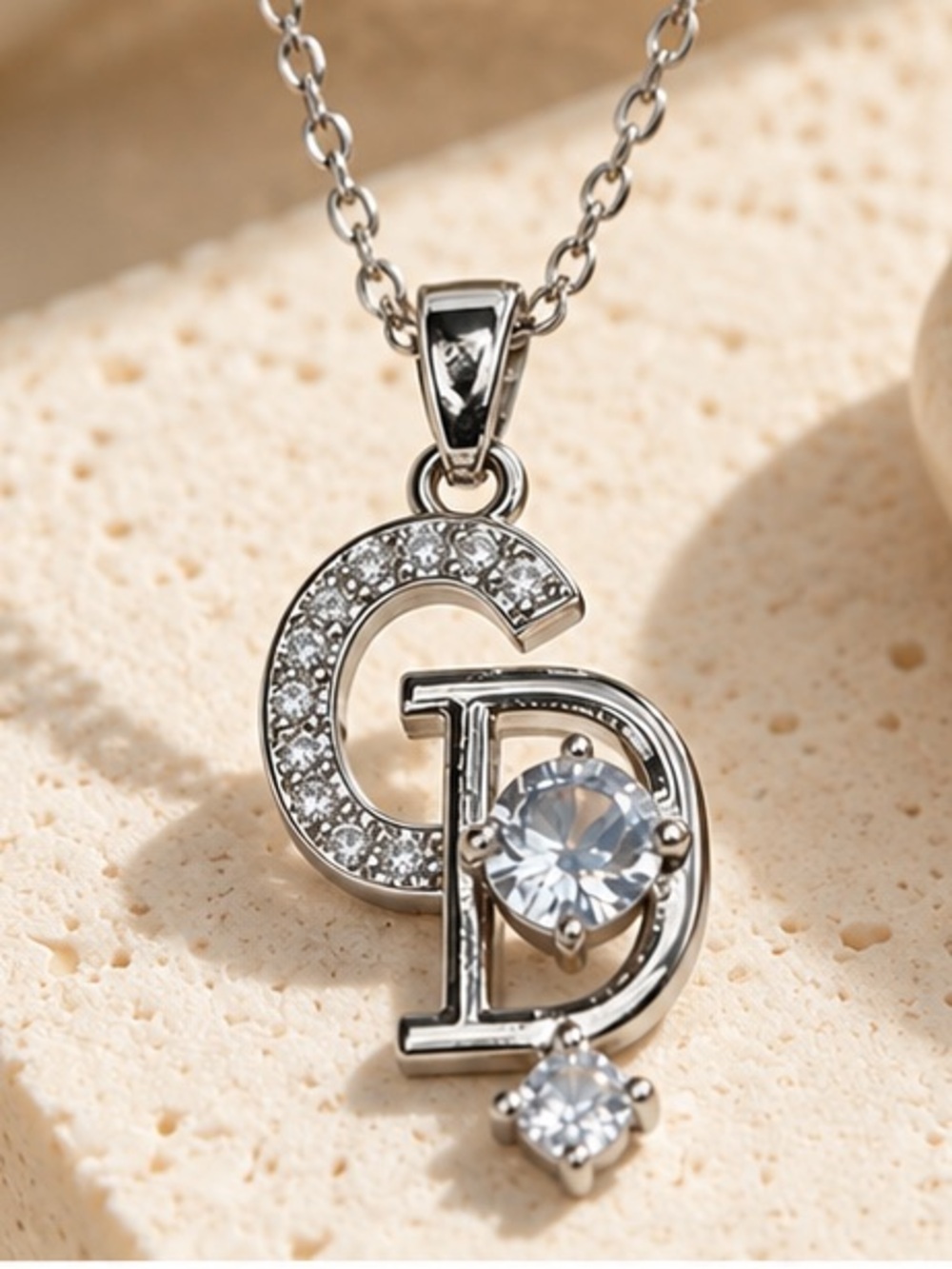 Designer Inspired CD Rhinestone Pendant Necklace Silver